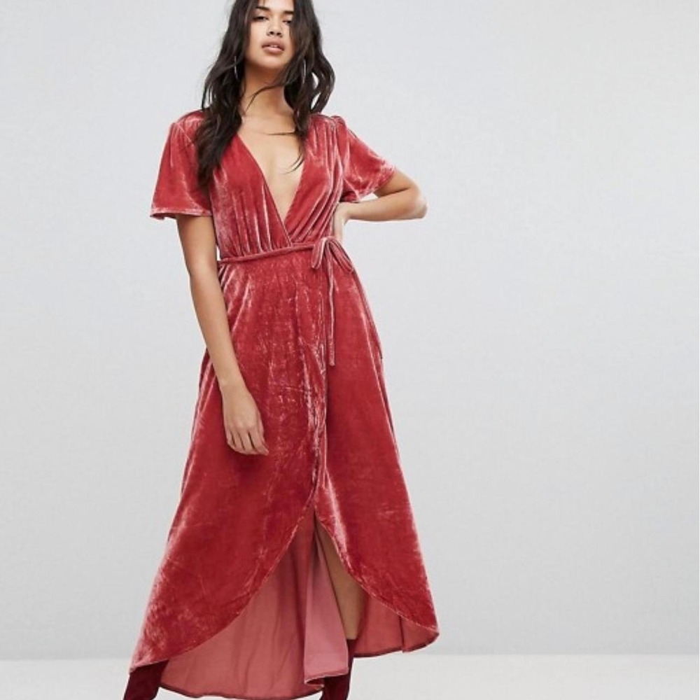 NWT Pretty Little Thing Velvet Wrap Maxi Dress Sz 6 Dusty Rose Wedding Cocktail